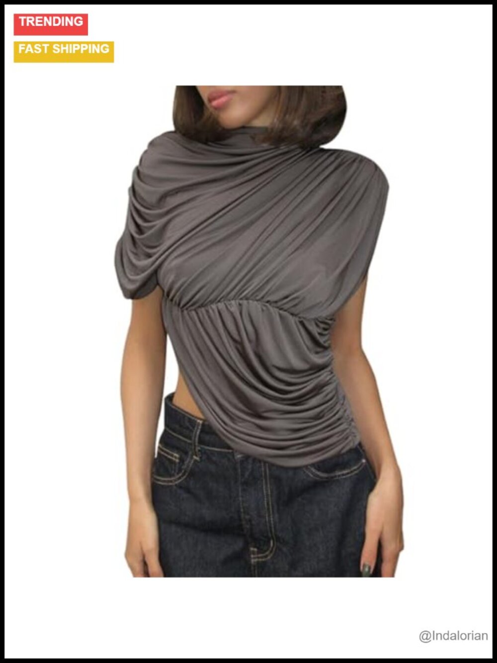 Women's Ruched Mock Neck Tank Crop Top Ruffle Short Sleeve Wrap Asymmetrical